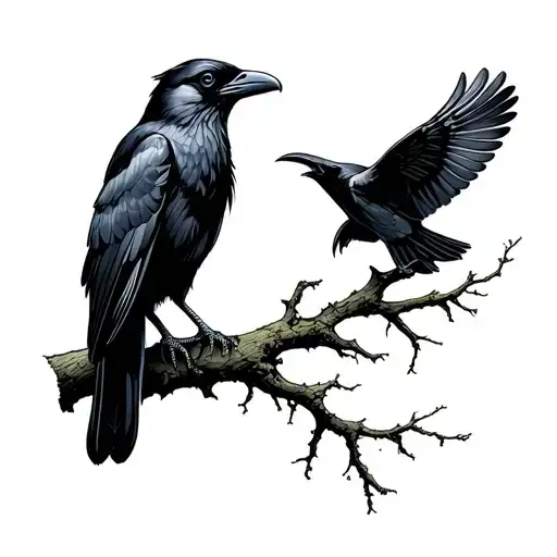 One Raven Sits On The Branches Of The Tree Second Flies