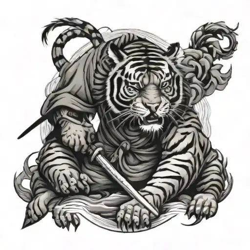 Samurai Standing Against A Tiger Emerging