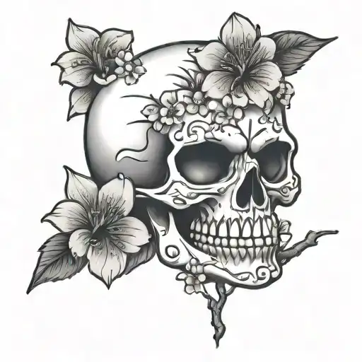 Smiley Face Emoji Skull With Cherry Blossoms