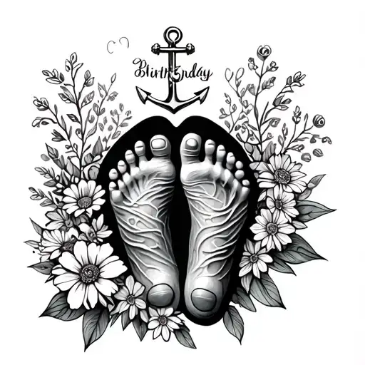 Flowers Around Baby Foot Prints And Birthday With An Small Anchor
