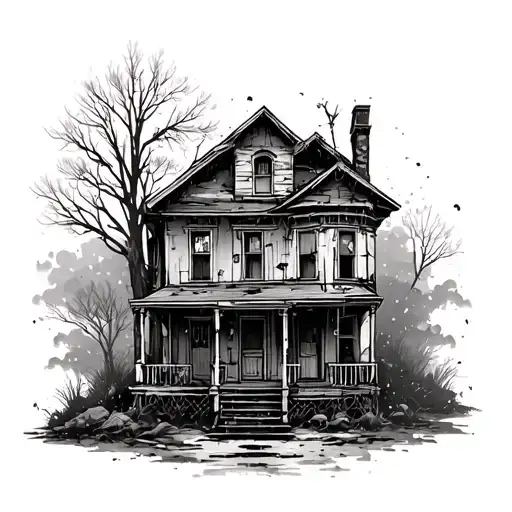 Derelict Abandoned House Bold Patch Work Tattoo For Thigh No Background Just House For Women