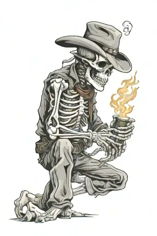 Cowboy With Fire Smoking Cigar Smoking Skeleton Man