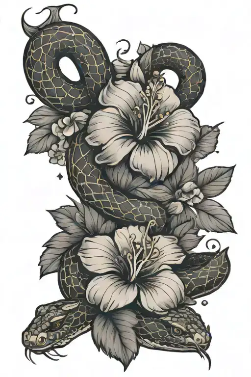 Snake With Hibiscus Flowers And Stars