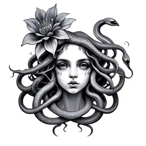 Medusa Tattoo With 3 Snakes And One Beautiful Flower