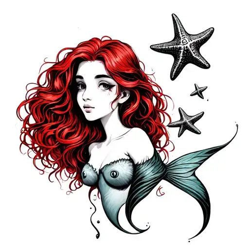 Little Mermaid With 3 Star Fish Fine Line With Red Hair