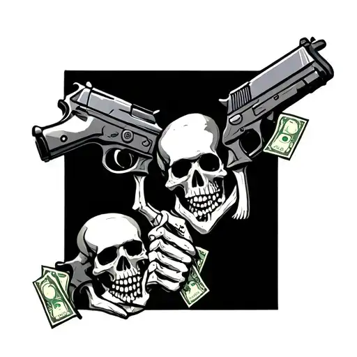 Elbow Tattoo Skeletons Holding Guns Money Drugs