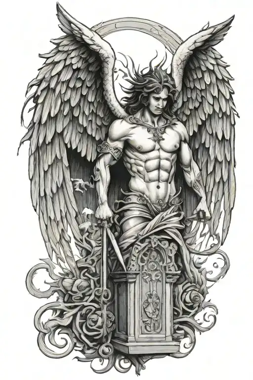 Fallen Angel Guarding Gates Of Hell Towards Heaven