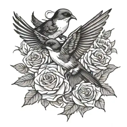 Swallow Birds Flying Amongst The Roses