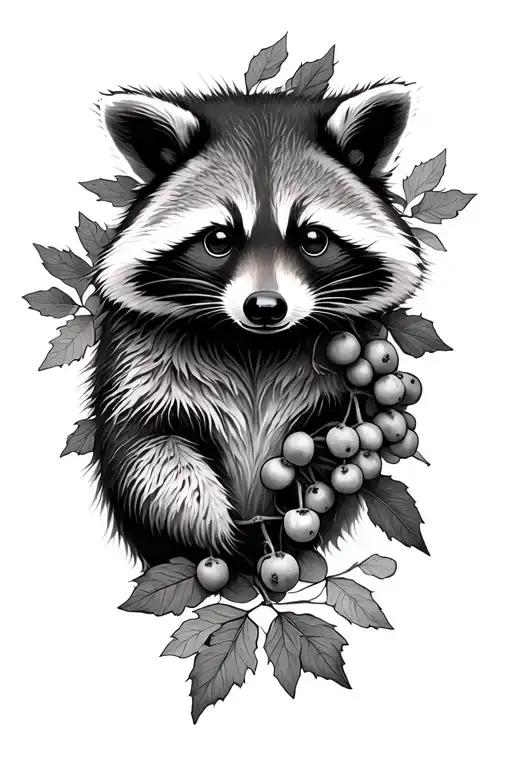 Raccoon Leaves Berries Intertwined