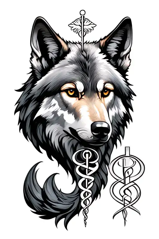 Medical Symbols Intertwined With Wolf