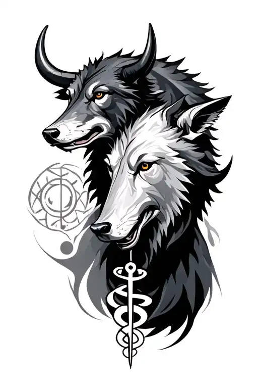 Medical Symbols Intertwined With Wolf And Bull Abstract