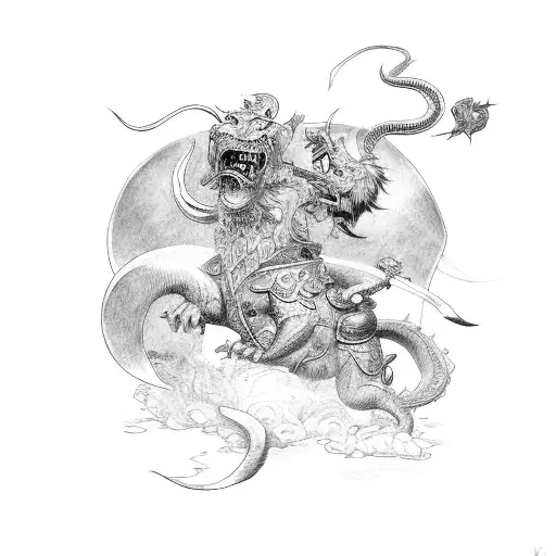 Viking Riding A Drago Fighting A Samurai Riding A Foo Dog