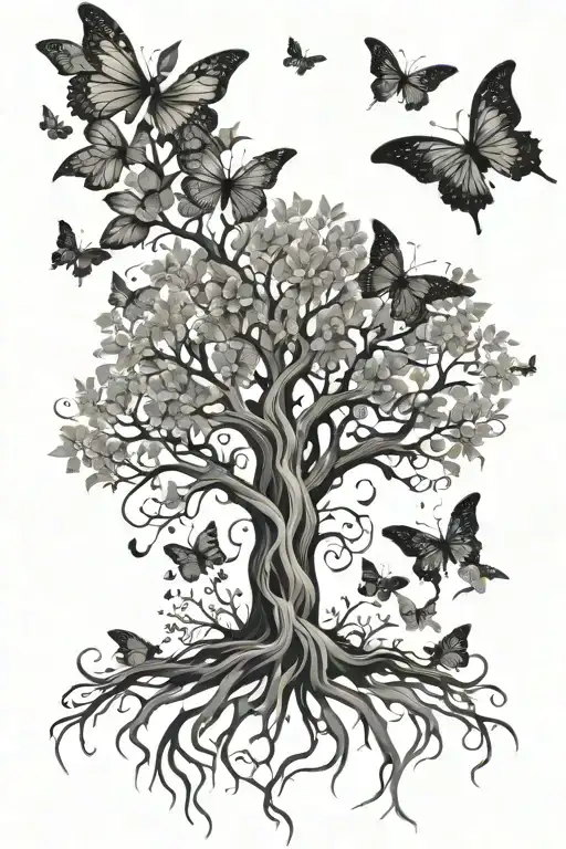 Tree Of Life With Roots And Butterflies Flying Above It
