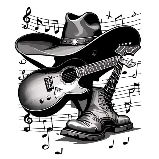 Cowboy Hat Boots Guitar Music Notes