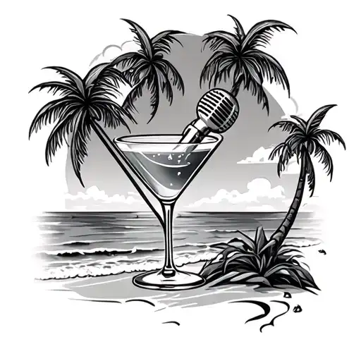 A Beach Scene With Palm Trees And A Cocktail Glass That Doubles As A Microphone