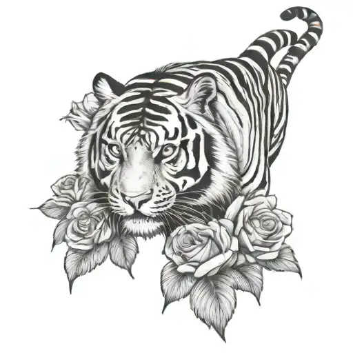 Tiger Walking With Roses Around It