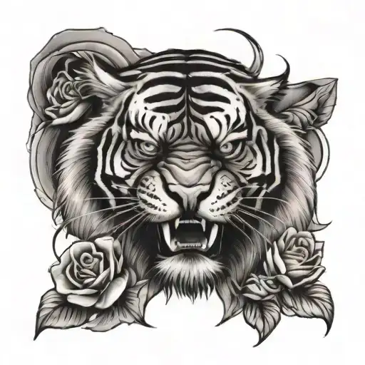 Angry Tiger With Roses