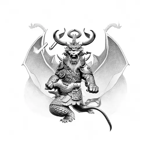 Viking Riding A Dragon Fighting A Samurai Riding A Foo Dog