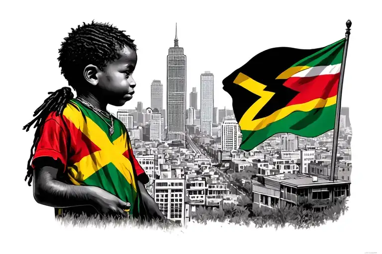 Jamaican Kid With Rasta Flag And African Flag Looking Into A City