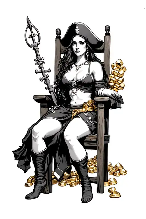 Female Pirate Captain Sitting On Wooden Throne Surrounded By Gold And Bones