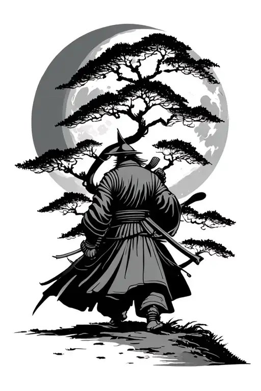 Samurai Walking Away Trees Moon