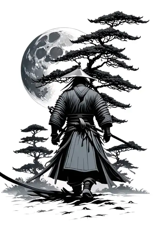 Real Samurai Walking Away Trees Moon Surrounded