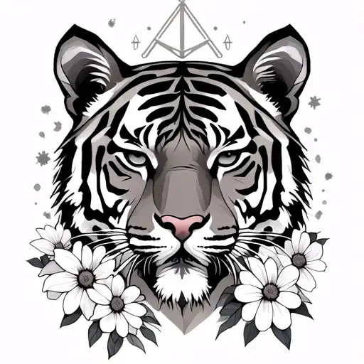 Geometric Tiger With Cosmos Flowers And Libra Sign