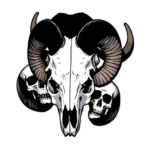 Ram Skull In The Center With Two Human Skulls On The Side