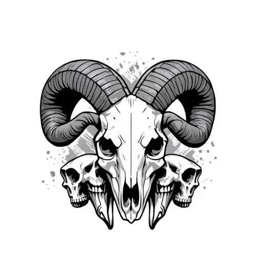 Ram Skull In The Center With Two Human Skulls On The Side