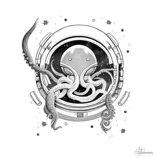 An Astronaut With An Antler In Space With A Giant Octopus Behind Him About To Eat Him