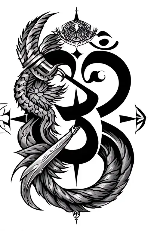 Trishul Om And Damru Along With Sagittarius And Compass Intertwined