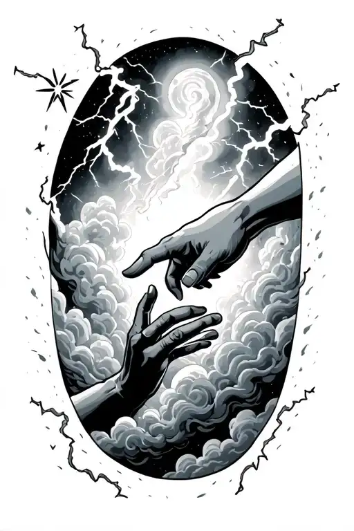 A Hand Helping Someone Out Of A Whole Surrouned By Clouds Lightning And Stars