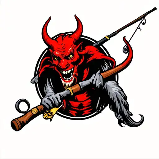 Traditional Red Devil With Fishing Rod