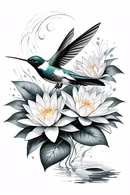 Hummingbird And Water Lily Flowers