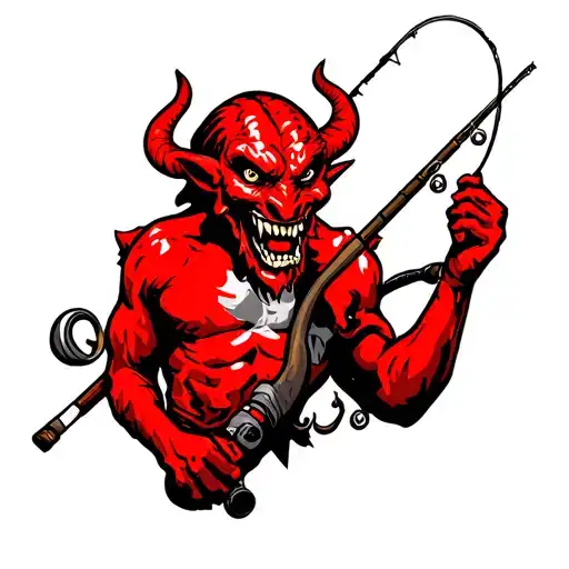 Traditional Red Devil With Fishing Rod