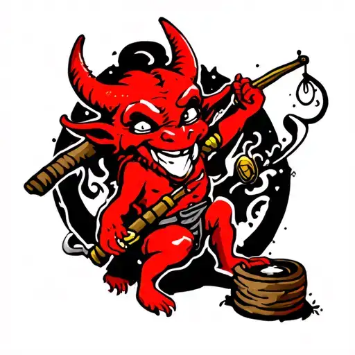 Traditional Little Red Devil With Fishing Rod