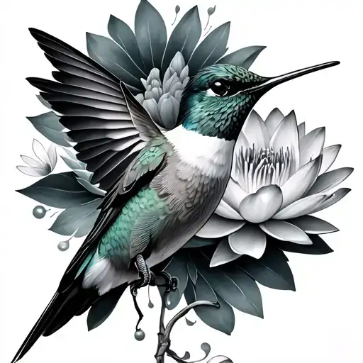 Hummingbird And Water Lily Flowers