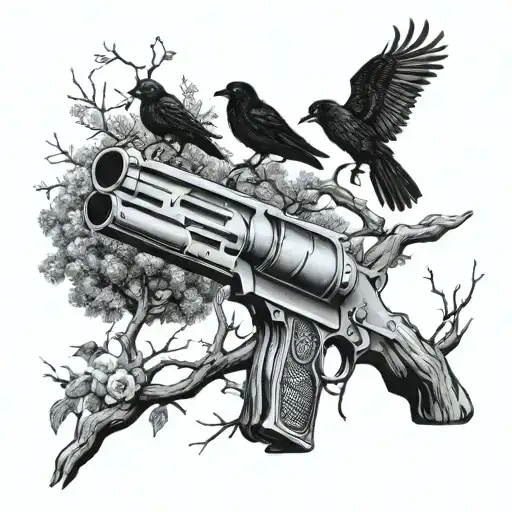 A Realistic Gun Morphing Into A Tree With Crows Perched On The Branches