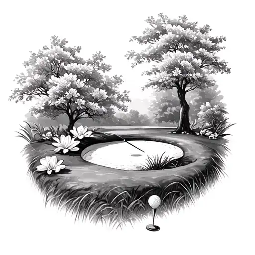 Golf Hole With Azalea Flowers And Magnolia Trees