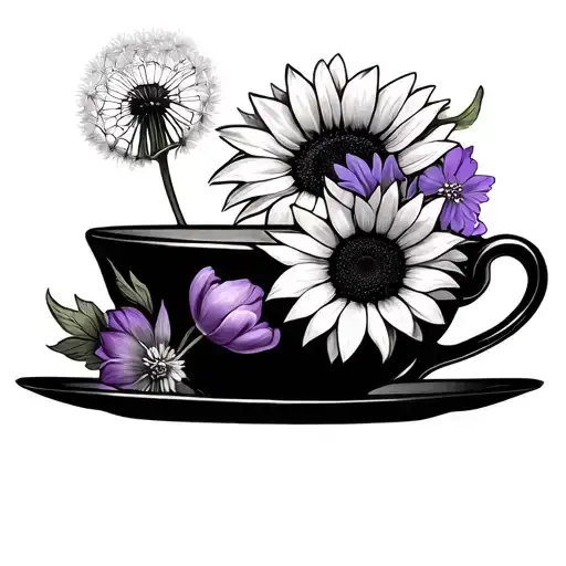Teacup With 4 Flowers On The Cup Dandelion Tulip Lavender And Sunflower