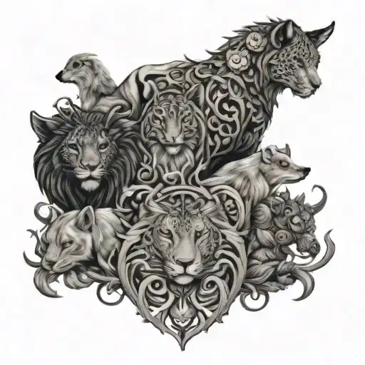 An Intricate Black And Grey Tattoo Of A Menagerie Of Animals Symbolizing Your Love For All Creatures