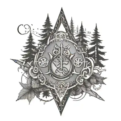 A Trishul In A Forest Scene Featuring Iconic Symbols