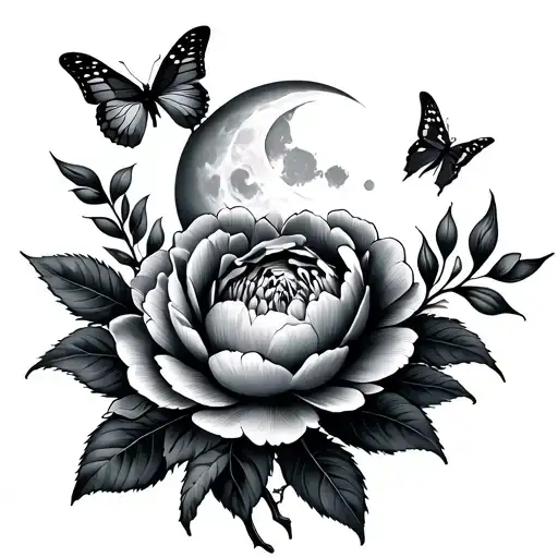 Peony Flowers With Moon And Butterlfy