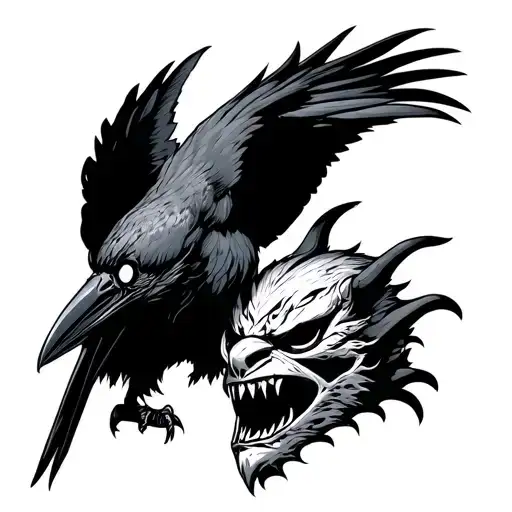 Aggressive Crow Attacking Demon Mask