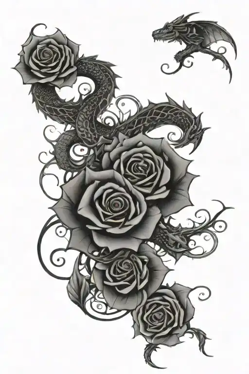 Dragons Curling Around A Rose Vine Wrapped