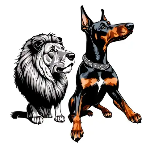 Doberman Dog By Lions Facing Each