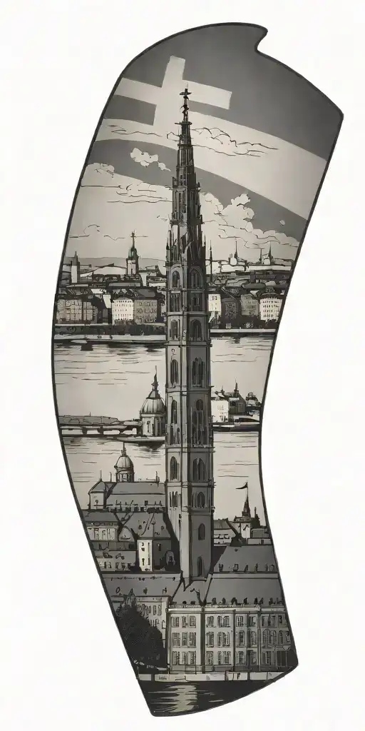 The Flag Of Stockholm Combined With Tower Of Stockholm City Hall And Also Stockholm Stadium