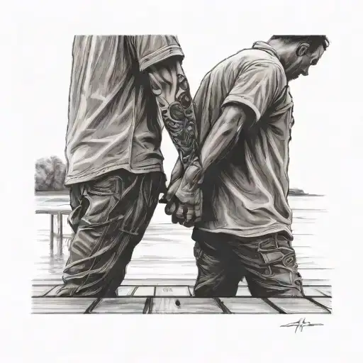 A Father And Son Holding Hands Standing On A Dock Seen From A Distance