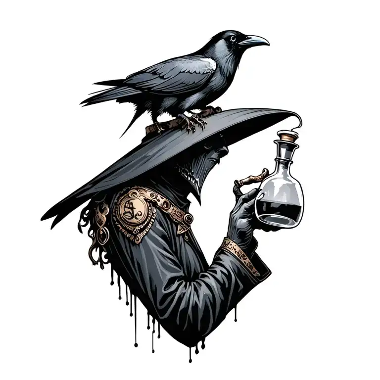 Steam Punk Inspired Plague Doctor Holding A Flask With A Raven On Shoulder