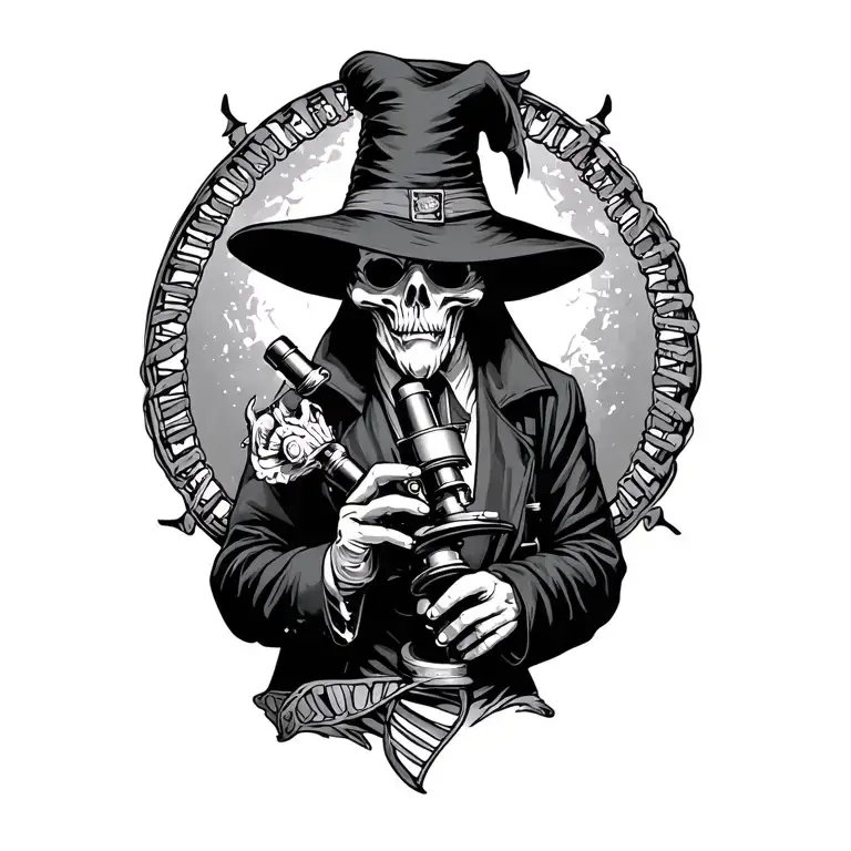 Midevil Plague Doctor Holding A Microscope Surrounded By Dna